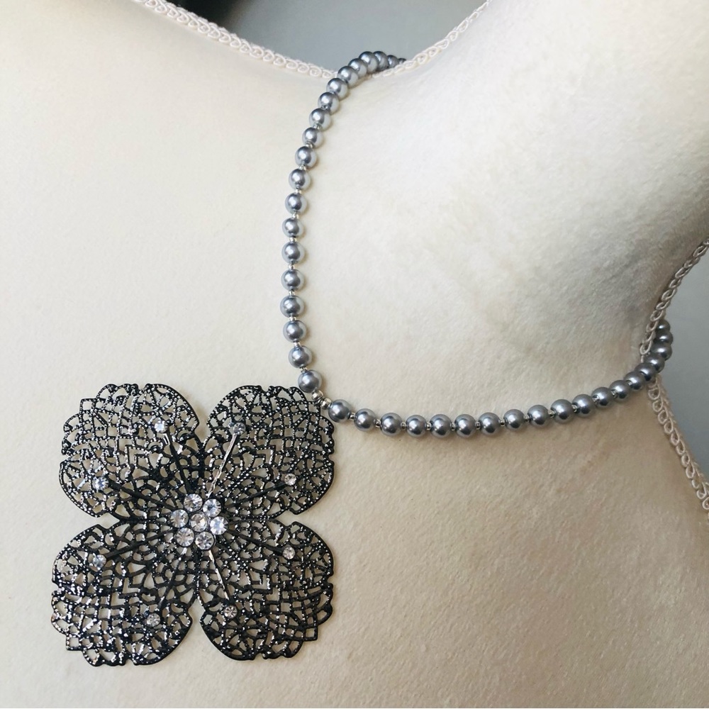 Handcrafted repurpose large filigree floral pendant Czech glass Pearl necklace